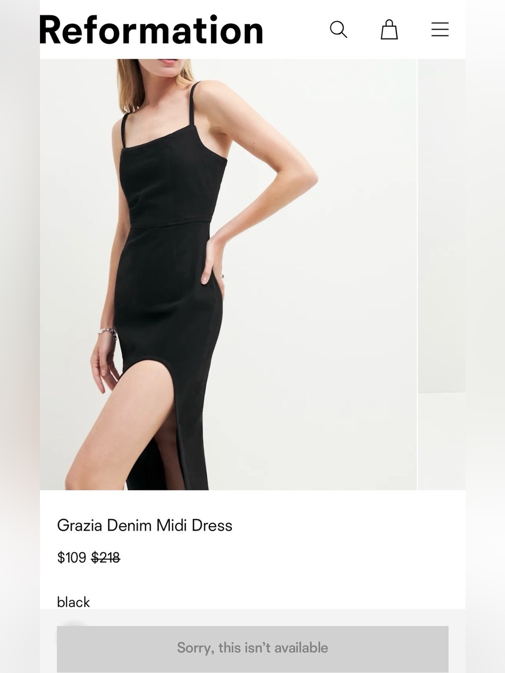Reformation Grazia Denim Midi Dress Black - Size 8